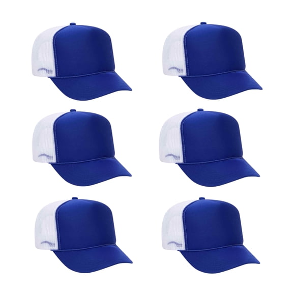 Couver 5 Panel High Crown Back Split Mesh Polyester Foam Trucker Hat, Royal White, 6 Count