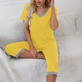 thumbnail image 7 of Women's V-Neck Pajama Set, Short Sleeve Top & Long Pants, Spring Summer Casual Sleepwear & Lounge Suit Yellow XL, 7 of 7