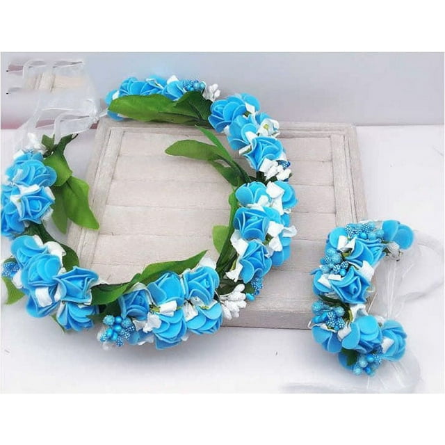 Flor de espuma Corona de flores Corona Floral Guirnalda de boda Diadema Conjunto de muñequera Blanco Azul