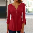 thumbnail image 2 of Gibobby Blusas Para Mujeres Camiseta con botones de color sólido plisado prensado con cuello en V y manga acampanada de siete minutos de primavera y verano para mujer（Rojo， S), 2 of 5