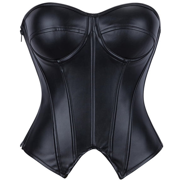 Women's Black Leather Sweetheart Strapless Corset Side Zipper Underwire Bust Shaping Bodice for Club Daily Layering