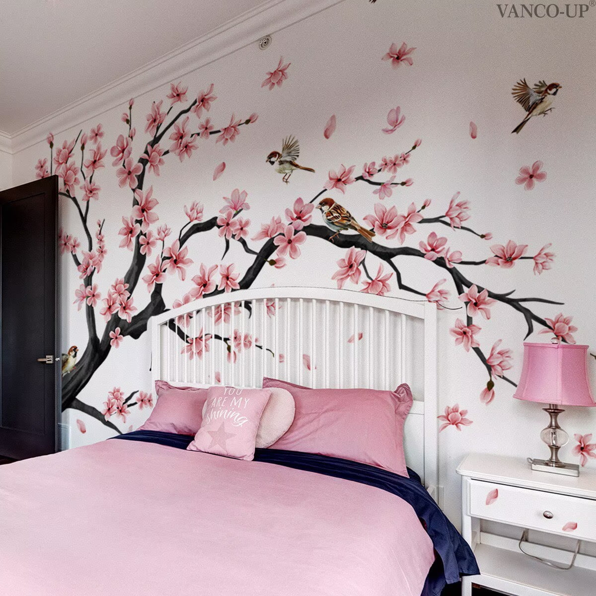 Flowers Wall Decals Stickers Vinyl Removable Peel and Stick Colorful bird Floral Wall Murals Decor tree wall decals Peel and Stick Wall Art Decals Bedroom Living Room Nursery (Cherry Blossoms)