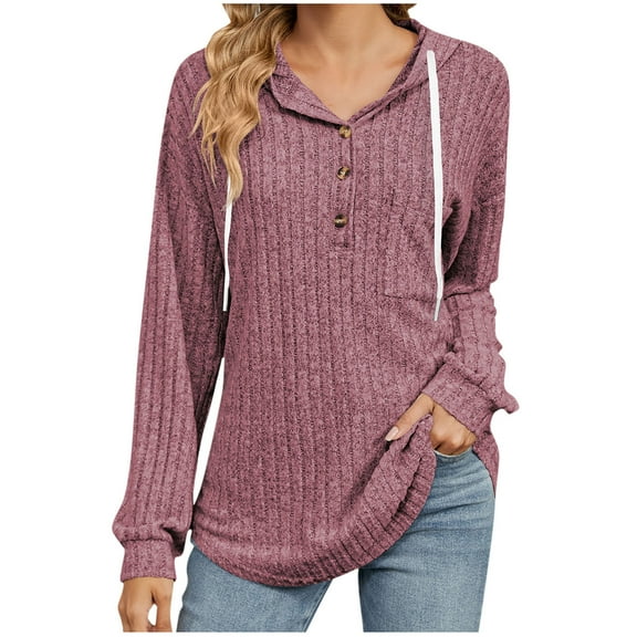 Ltctricy Women's Tunic Tops Rubbed Knit Long Sleeve V Neck Half Button Drawstring Lightweight Pullover Hoodies Soft Casual T Shirts(Wine,X-Large)