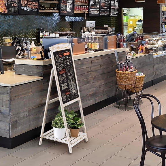 Shabby Whitewashed Wood A-Frame Chalkboard Easel, 45" Freestanding Decorative Chalkboard Sign with Plant Shelf Stand