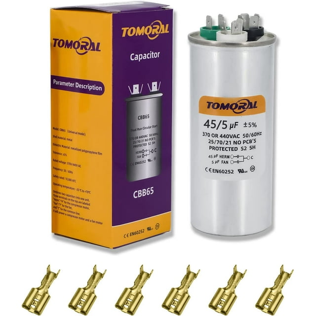 TOMORAL 45+5 MFD 45/5 uF ±5% 370VAC/440 Volt CBB65 Dual Run Round Capacitor for AC. for Condenser Straight Cool or AC Motor and Fan Starting or Heat Pump Air Conditioner (Universal Compatibility))