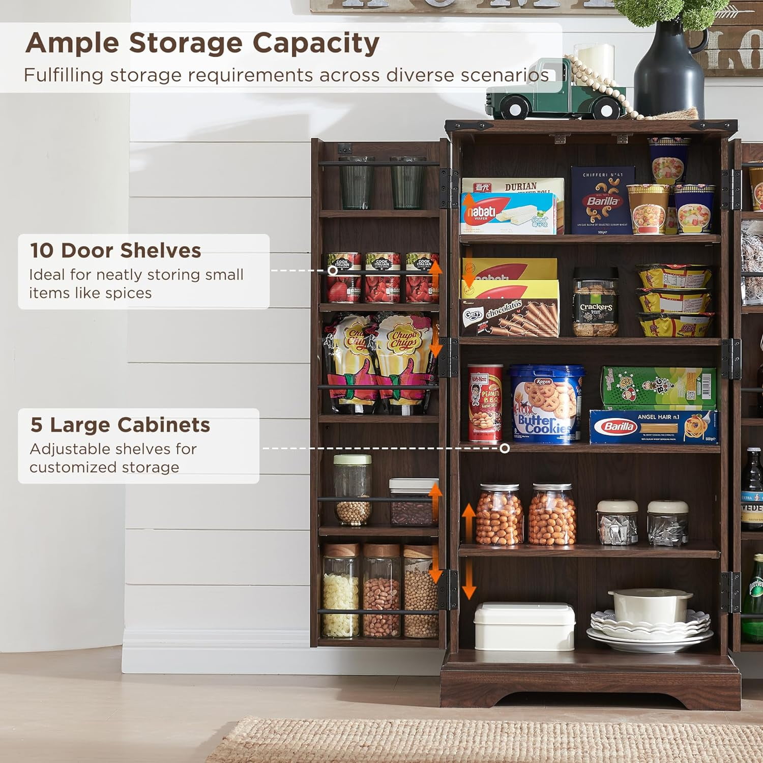 ACCOHOHO 47" Kitchen Pantry Cabinet, Farmhouse Storage Cabinet with Adjustable Shelves for Kitchen, Dining Room, Bathroom - Brown