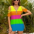 thumbnail image 3 of PLAIN SOLID NEON FLUORESCENT RAINBOW STRIPES 5 COLORS Womens Summer V Neck Zipper Top Short Sleeve T Shirt Off Shoulder Top Casual Classy Loose Shirts, 3 of 7