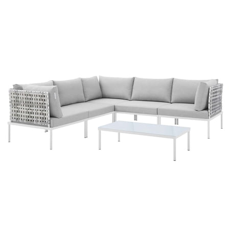 Lounge Sectional Sofa Chair Table Set, Sunbrella, Aluminum, Metal, Steel, Grey Gray, Modern Contemporary Urban Design, Outdoor Patio Balcony Cafe Bistro Garden Furniture Hotel Hospitality