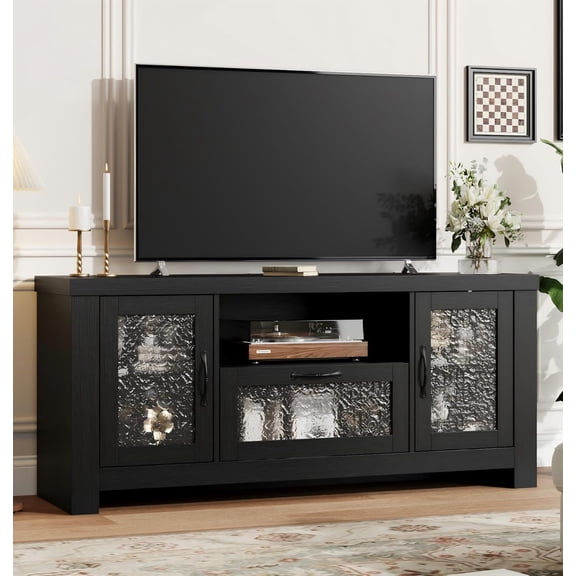 Farmhouse TV Stand for 65" TV, Entertainment Center with Acrylic Doors, Adjustable Shelves, TV Console Table, Black