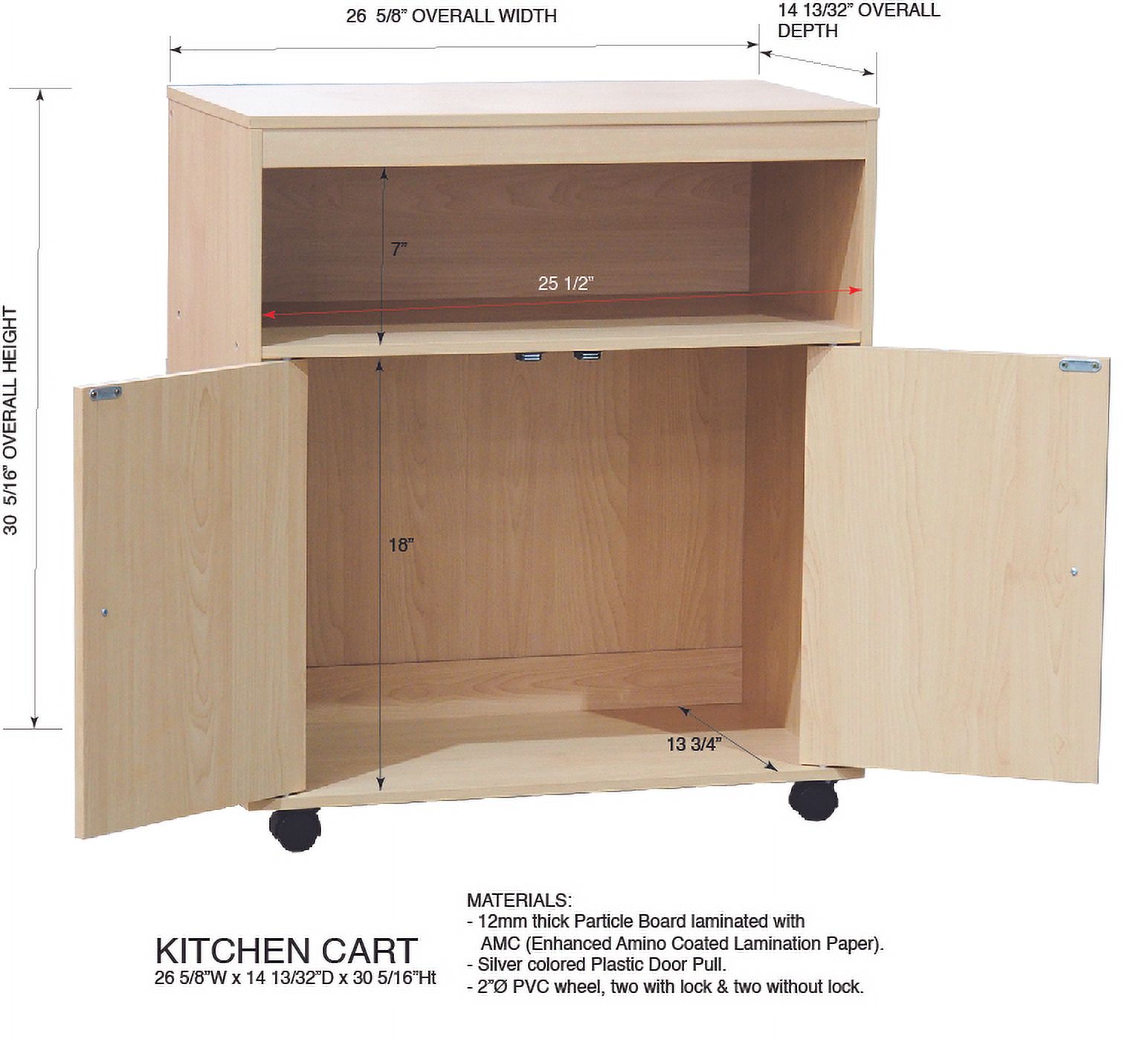Kings Brand Furniture Beech Wood Kitchen Serving & Storage Cart – 2-Door Cabinet with Open Shelf for Dining & Cooking Spaces