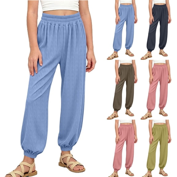 SROBPTY Teen Girls Pants Solid Elastic Waist Straight Leg Soft Breathable Trousers for 1-14Y