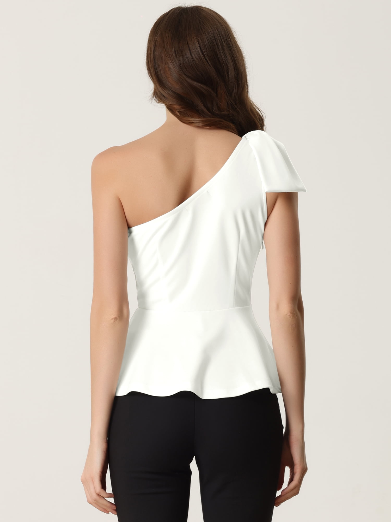 DARING DIVA Women's One Shoulder Top Bow Ruffled Peplum Top M White