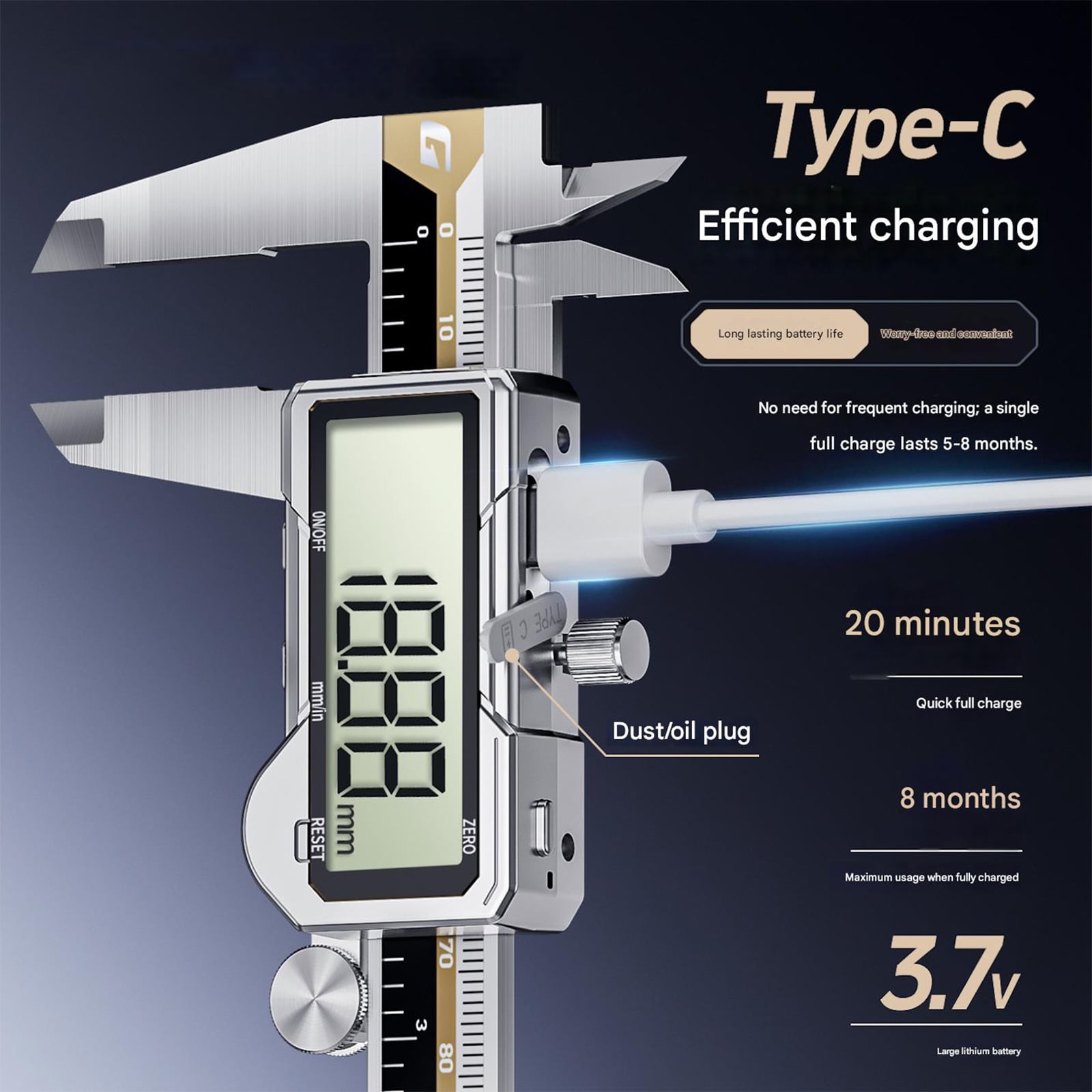 Stainless Steel Digital Caliper 150mm High Precise 0.01mm Rechargeable LCD Display Multifunction Measuring Instrument