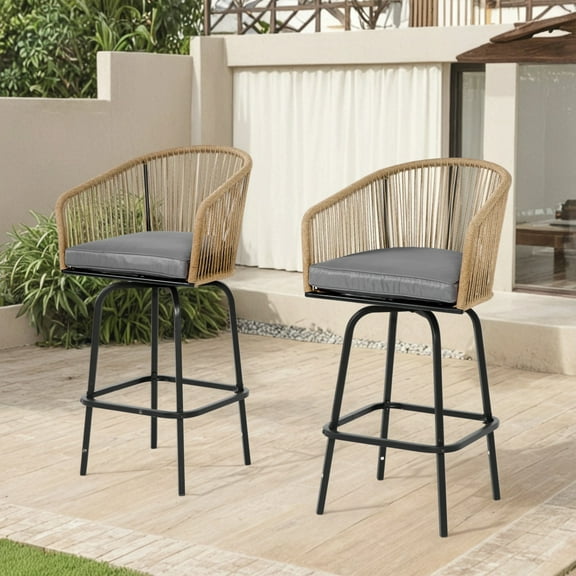 2 Pieces Outdoor Bar Stools, SHINPT Outdoor Patio Chairs Set of 2, Outdoor Counter Height Bar Stools with Armrests, Rattan Bistro Chairs with Backrest, Patio Chairs for Backyard, Garden, Pool