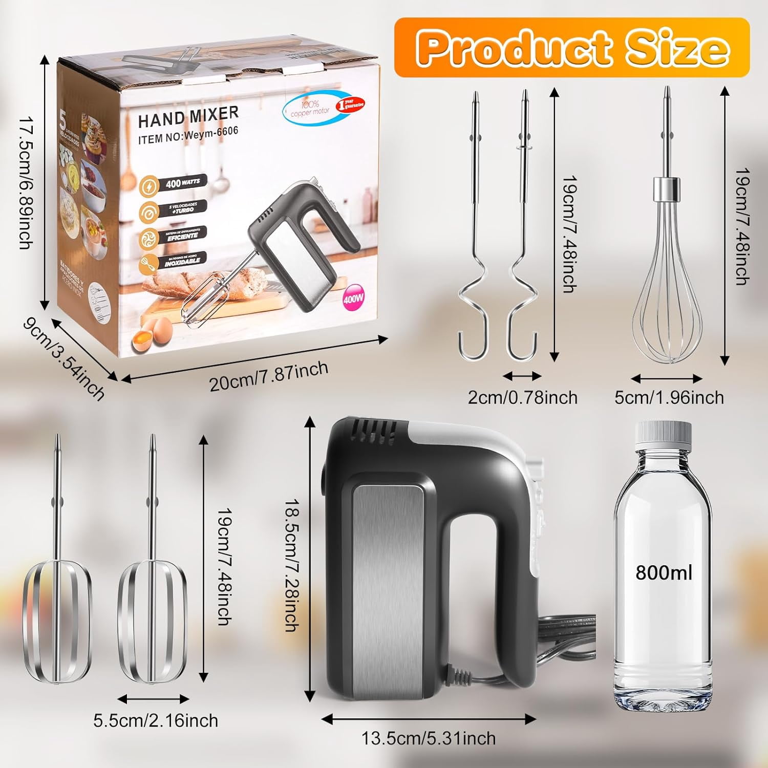 5-Speed 400W Hand Mixer Electric Handheld - Ultra-Powerful with Turbo Function & Eject Button, 5 Stainless Steel Attachments for Dough, Cream, Batter, Eggs Baking