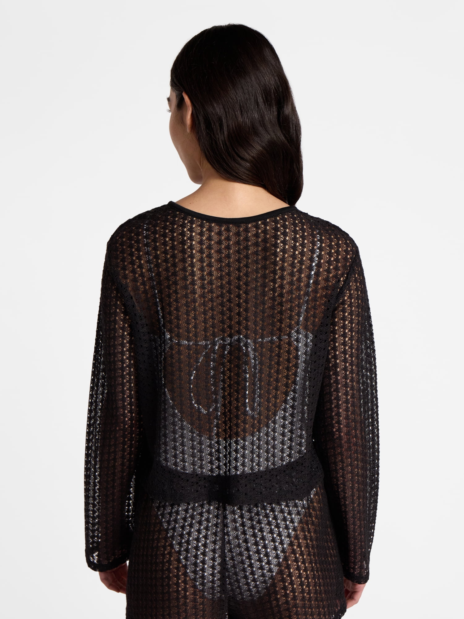 No Boundaries High-Low Crochet Swim Coverup with Long Sleeves, Women's