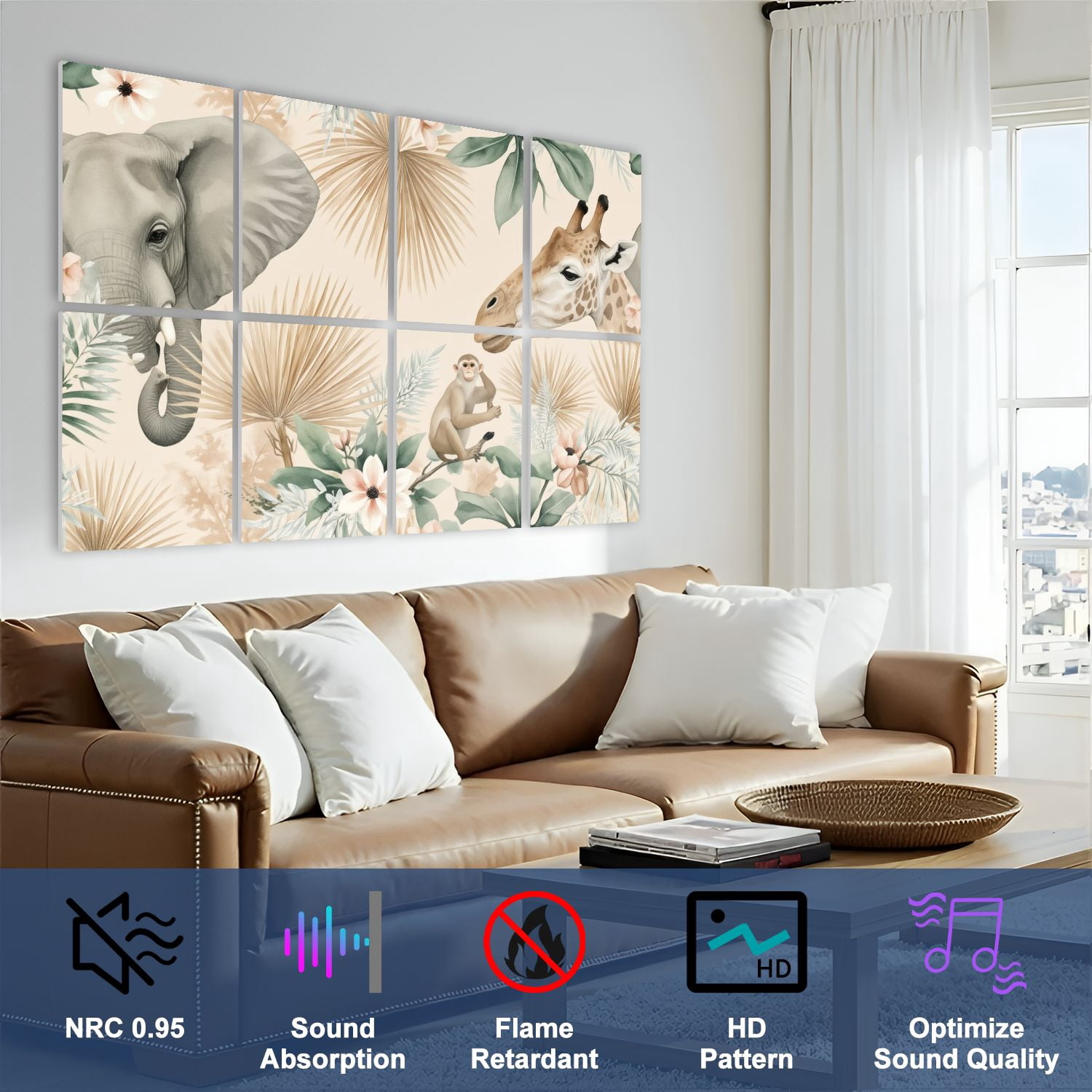 8 Pack Art Acoustic Panels Sound Absorbing Wild African Animals Tropical Leaves Watercolor Decorative Soundproof Wall Panels Self Adhesive for Nursery Game Room Bedroom 48"x32"