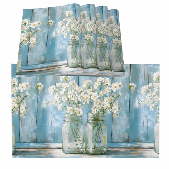 Daisies Flowers Placemats for Dinning Table Set of 4, Potted Plant Vintage Blue Wood Grain Burlap Kitchen Place Mats Waterproof Cloth Table Mats, Indoor Outdoor Placemats Easy Clean Dinner Decor