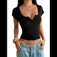 thumbnail image 2 of Camisetas de Corta de Verano 2025 para Mujer, con Cuello Henley Acanalado y Botones, Corte Entallado, Básicas e Informales. Negro M, 2 of 9
