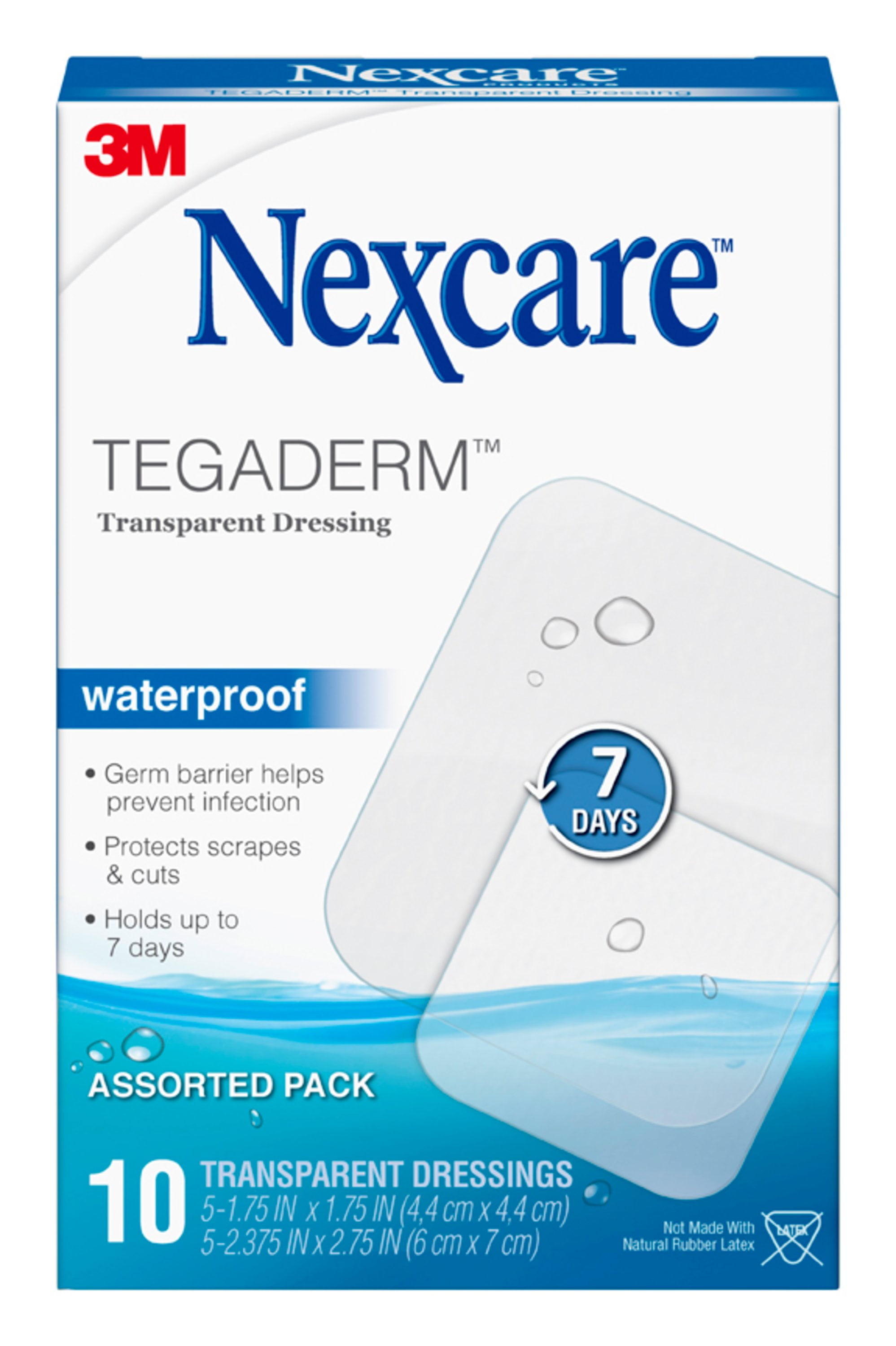 Nexcare Tegaderm Waterproof Transparent Dressing, Germ Barrier, Holds Up To 7 Days, Assorted