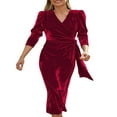 thumbnail image 2 of Femmes Velours Midi Robe Bodycon Couleur Unie V-Cou Tie-Up Robe à Manches Longues Robe de Soirée, 2 of 5