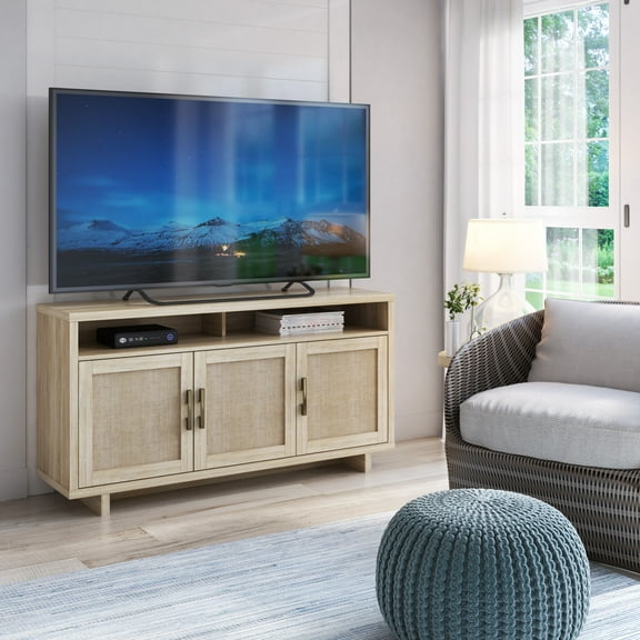 Twin Star Home TV Stand with Fabric Doors for TVs up to 60", Bishop Oak