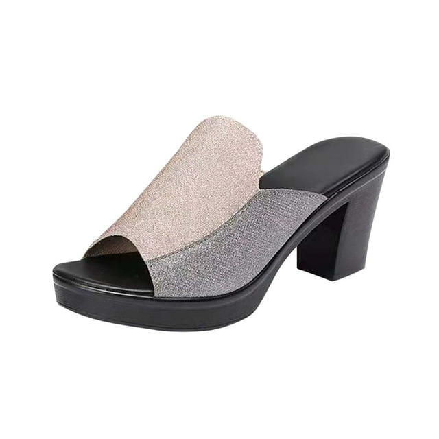 Chunky Heels for Women Slide Peep Toe Fine Flash Color Block Casual Summer Beach Slide Sandals Gold