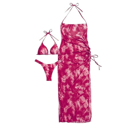 Generic Womens 3 Pieces Bikini Sets Triangle Halter Tie Dye Swimsuits Briefs with Swim Cover Up Dress Bathing Suits Swimwear