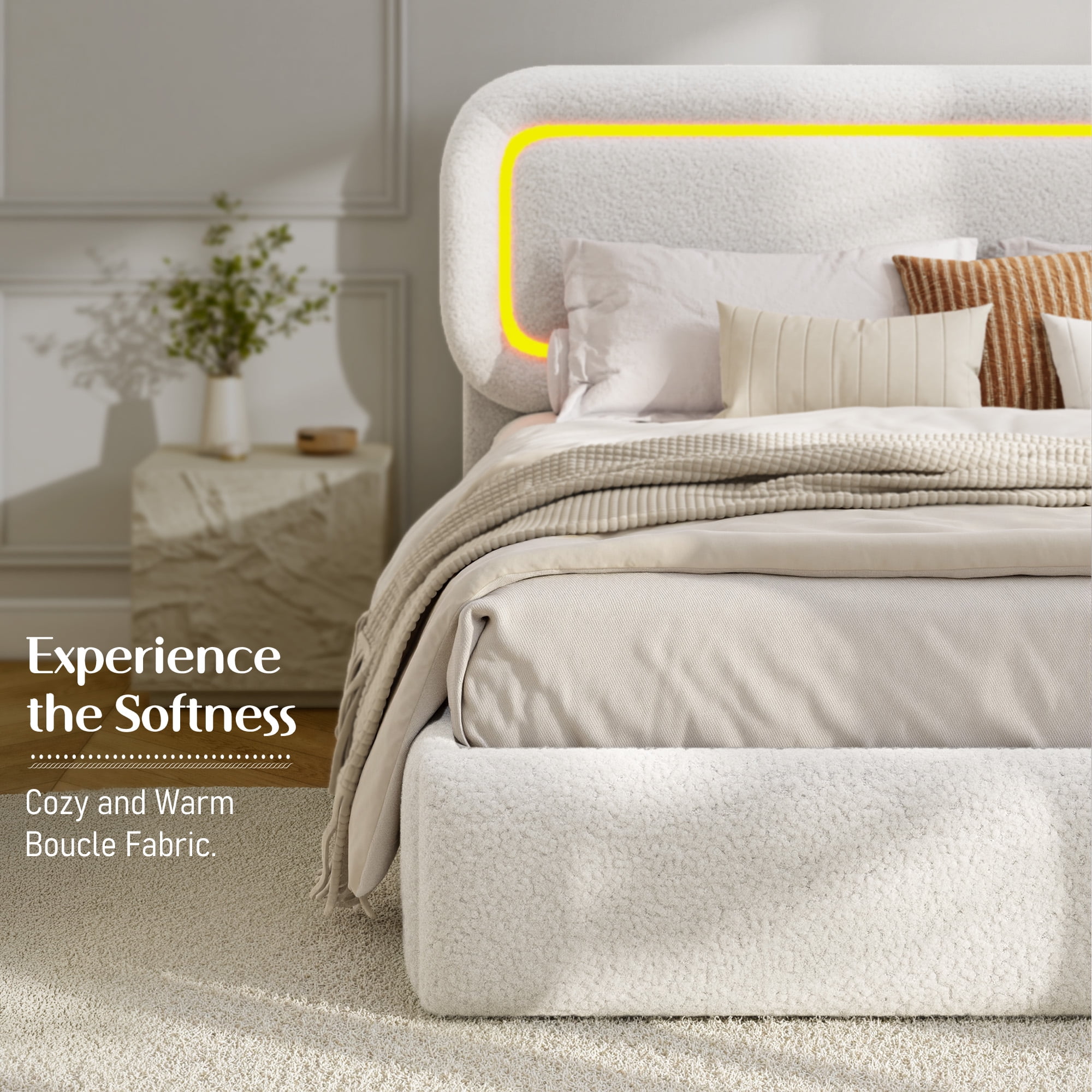 EnHomee Boucle Bed Frame with Rounded Corner Cloud Bed Frame with Headboard Upholstered Bed Frame Full Size ,White