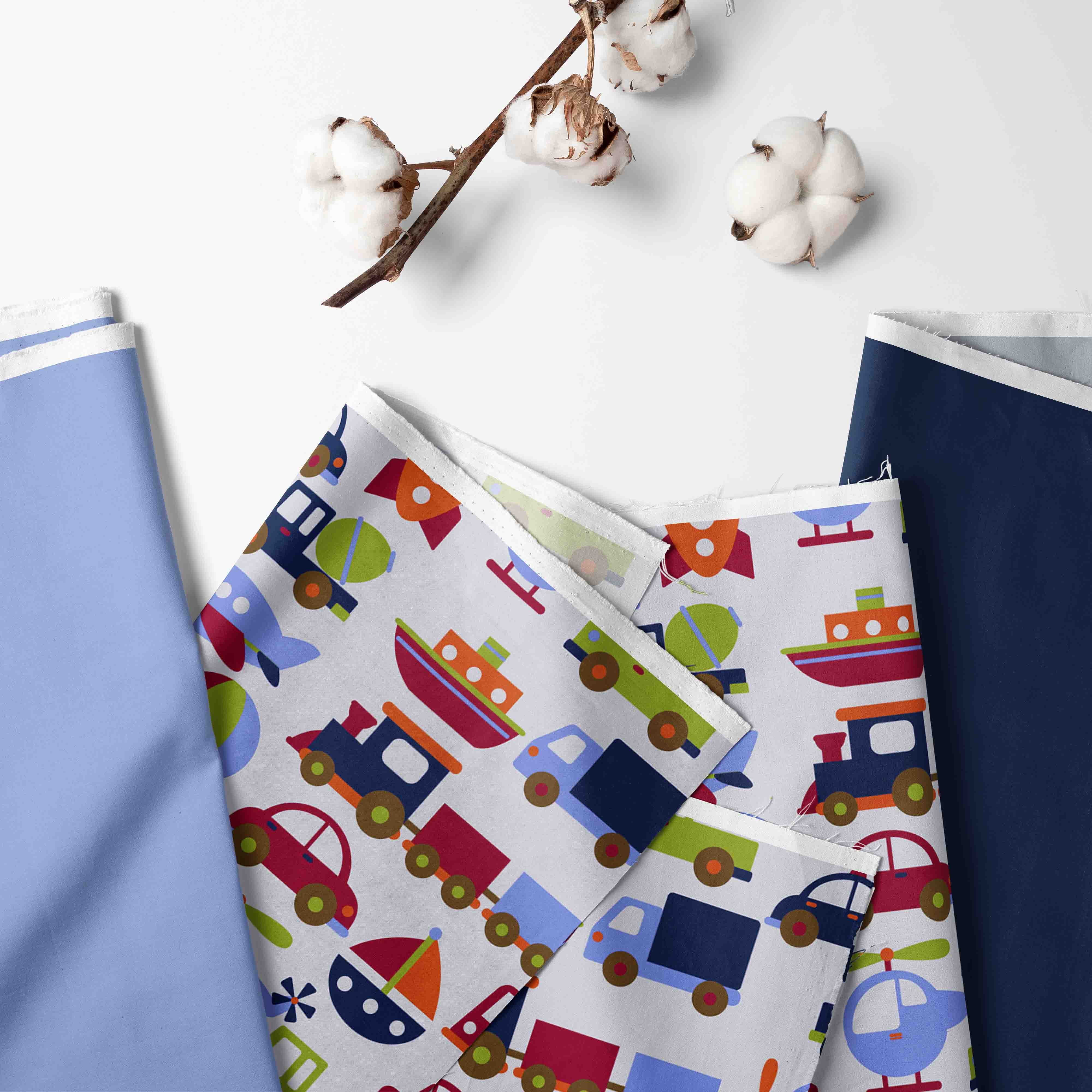 Bacati - Boys 4 pc Toddler Bedding/3 pc Sheet Set 100% Cotton Percale, Transportation Blue/Navy/Orange/Red/Green