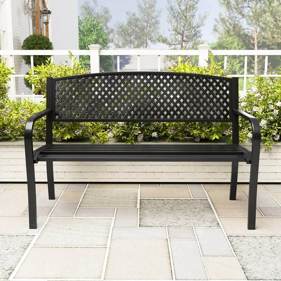 Costway 50 Inches Garden Bench Outdoor Bench with Patterned Backrest and Curved Armrests