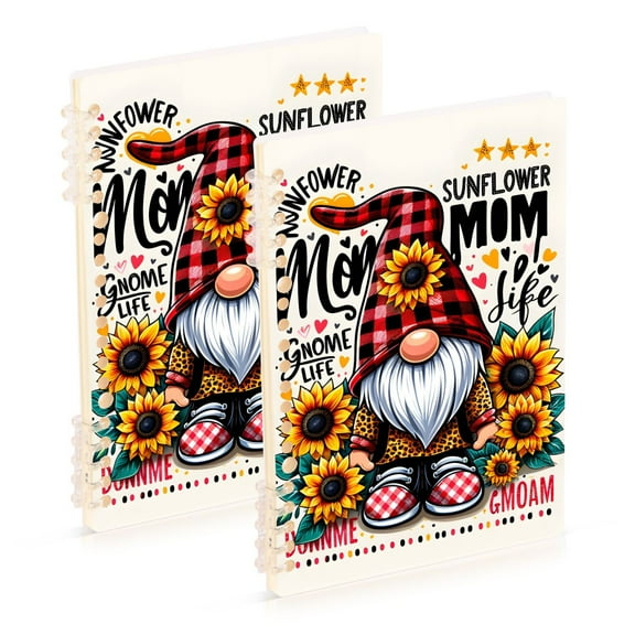 Mother's Day Sunflowers Gnome Ring Binder Notebook Journey Note Diary College Ruled Spiral Notebook Study Loose Leaf Paper A5 60 Pages