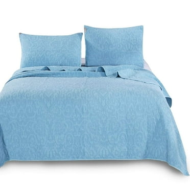 Kasentex  3-Piece Stone Washed Quilt Set Soft Cotton Reversible Bedspread Coverlet Set Light Blue Queen