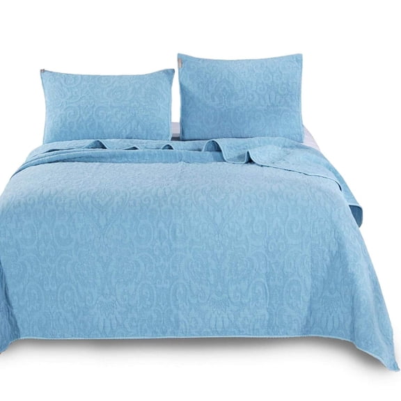 Kasentex 3-Piece Stone Washed Quilt Set Soft Cotton Reversible Bedspread Coverlet Set Light Blue Queen