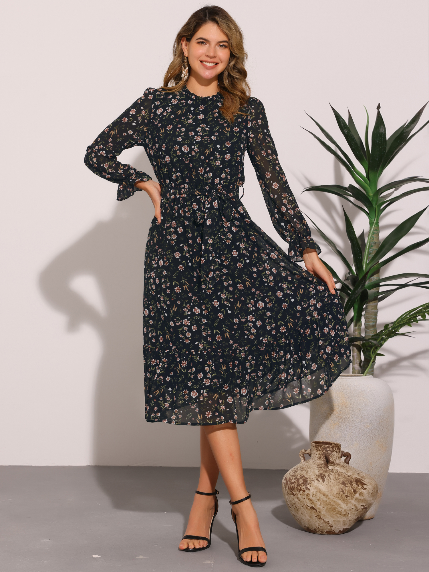 DARING DIVA Fall Floral Long Sleeve Chiffon Midi Dress XS Black