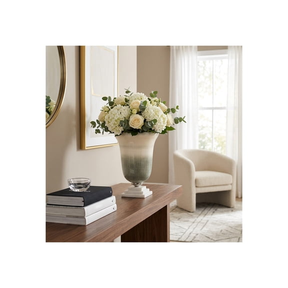 Elegant Glass Vase on Marble Base for Living Room Decor - Decorative Flower Arrangement Vase for Table Display - Accent for Bedroom, Home Office, or House Styling - 14", White & Green
