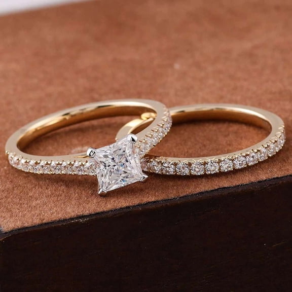 vylahjewellery Elegant Round Cut Moissanite Wedding Anniversary Band Set for Women Princess Diamond Engagement Ring 14K Vermeil Yellow Gold Half Eternity Bridal Handmade Jewelry Gift