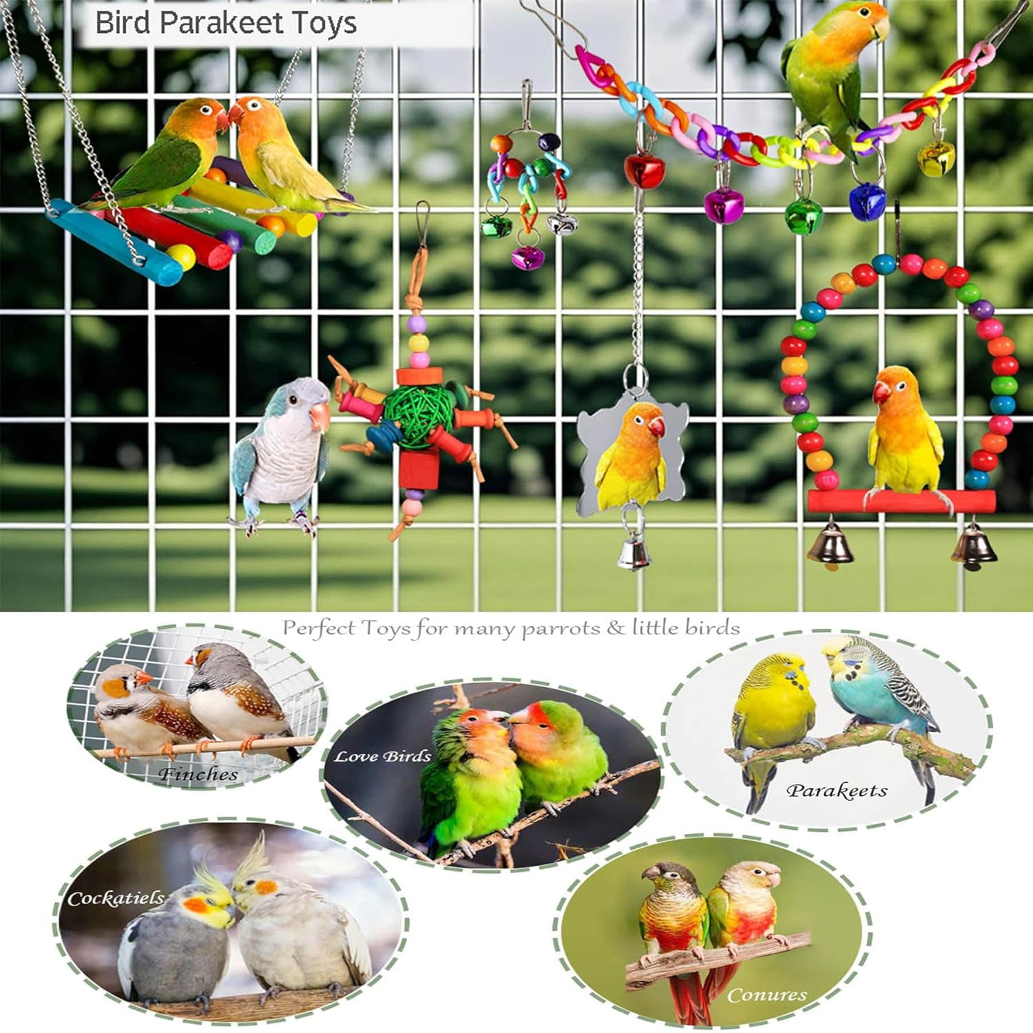 Parakeet Cockatiel Bird Toys, Parrots Cage Accessories Swing Wooden Perch Chewing Toy for Budgerigar, Conures, Love Birds, Finches, Budgies