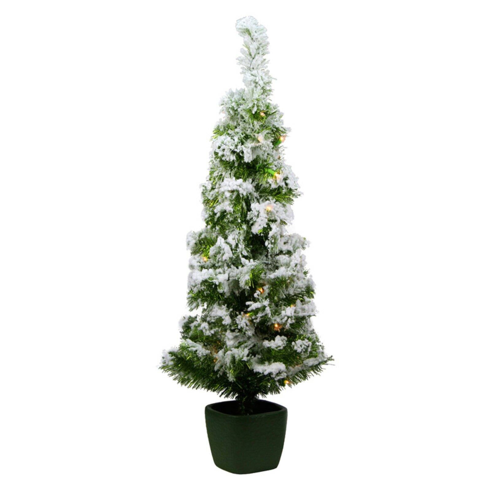 3.5' x 18'' PreLit Potted Flocked Green Artificial Christmas Tree