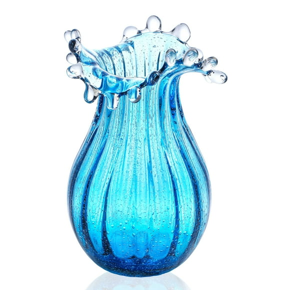 Jarrón con burbujas de vidrio soplado QfKris Modern Art, 20 cm, color azul