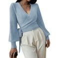thumbnail image 3 of Women'S Casual V Neck Wrap Sweater Pullover Long Sleeve Slim Fit Knit Crop Top Sweater Light Blue S, 3 of 9