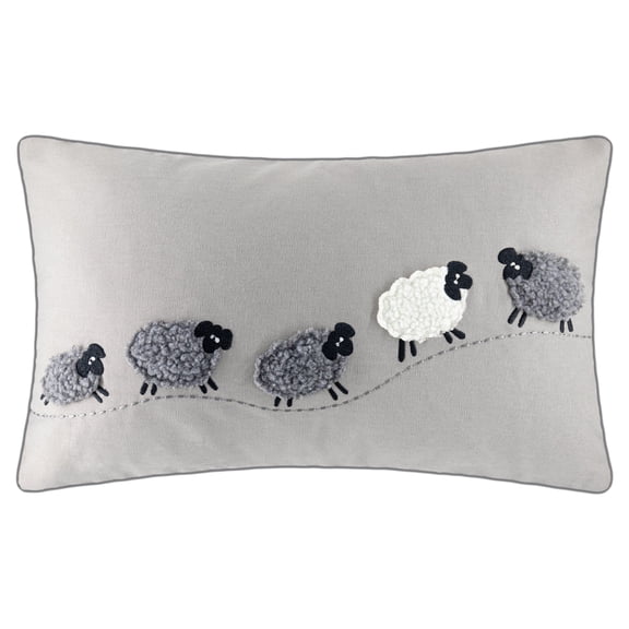 JWH Embroidered Sheep Lumbar Pillow Cover 12x20inch Gray Soft Cotton Canvas Farmhouse Decorative Throw Pillow Case for  Room Decor