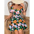 thumbnail image 6 of Women'S Floral Puff Sleeve Ruched Frill Trim Shirred A Line Boho Flared Dress Black L, 6 of 9