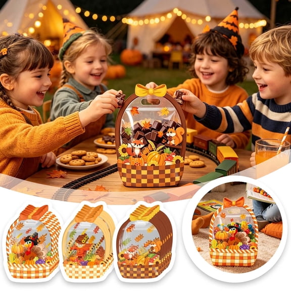 50pcs Thanksgiving Bags Fall Goodie Bags with Handles Ziplock Basket Resealable Candy Bag for Thanksgiving Harvest Holiday Party Gift Wrapping Supplies Decoration Favor