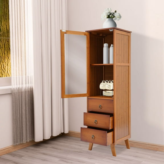 5-Tier Bamboo Storage Cabinet Narrow Tall Cabinet Freestanding Cabinet for Living Room