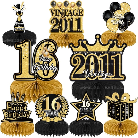 Black Gold Happy Birthday Honeycomb Centerpieces, 9 Pcs Birthday Table Decorations, Vintage Birthday Party Table Toppers, Black Gold Party Supplies for Birthday Table Decor