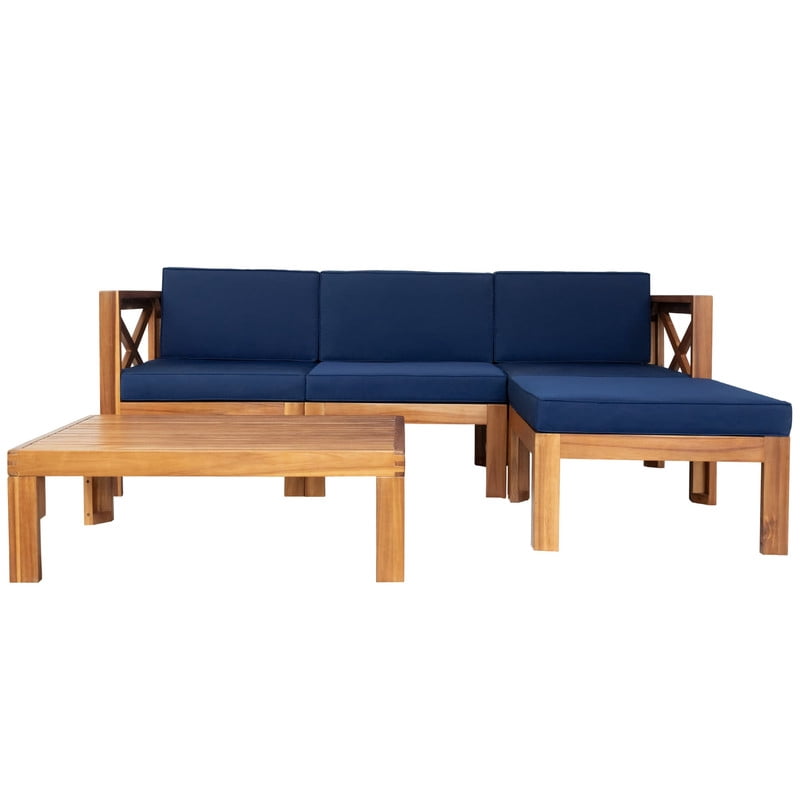 5-Piece Solid Wood Outdoor Sectional Sofa Set with Ottoman, Patio Furniture Set with Cushions, Outdoor Seating Group Set with Coffee Table