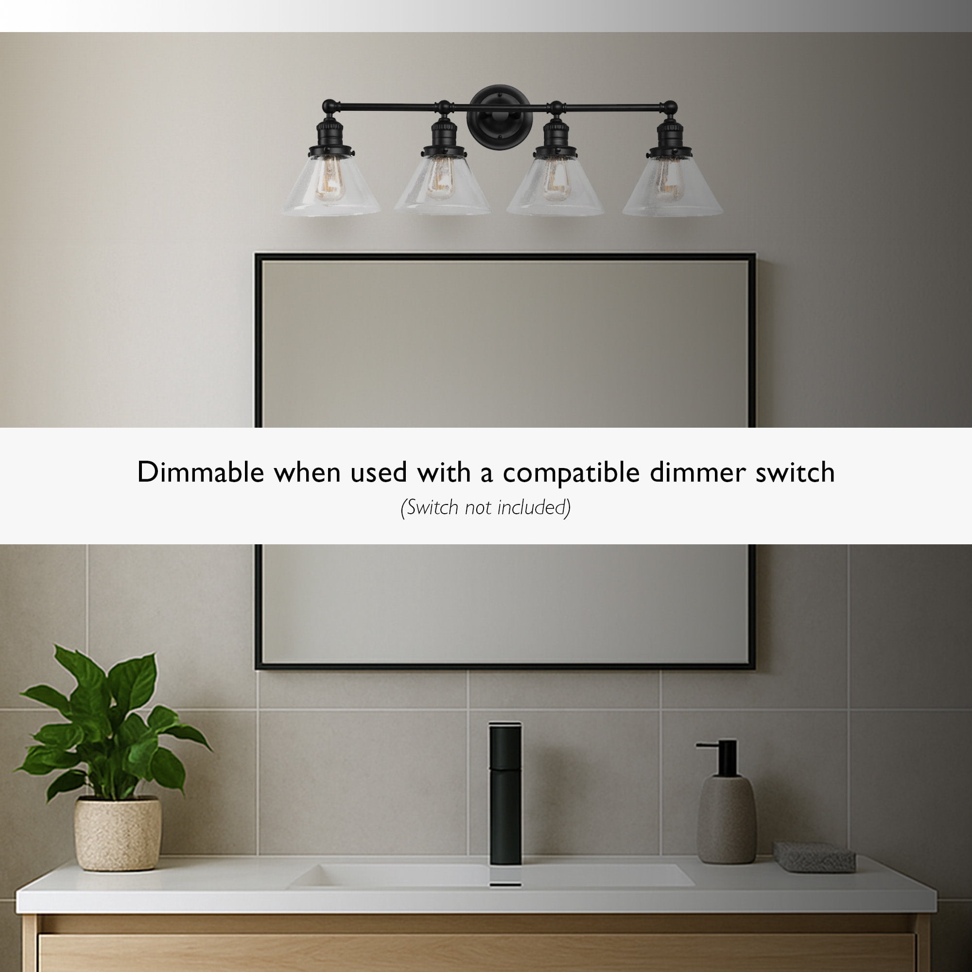 Corwin 4-Light Black Vanity Light with Seeded Glass Shades, Dimmable, Up/Down Mount, 34.9 in L x 8.3 in D x 11.1 in H