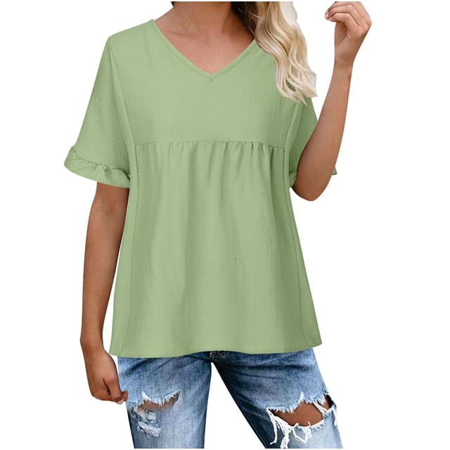 Timegard Hauts à Manches Courtes pour Femmes Col en V Mignon Volanté Froncé Fluide Été Habillé Décontracté Ample Blouse