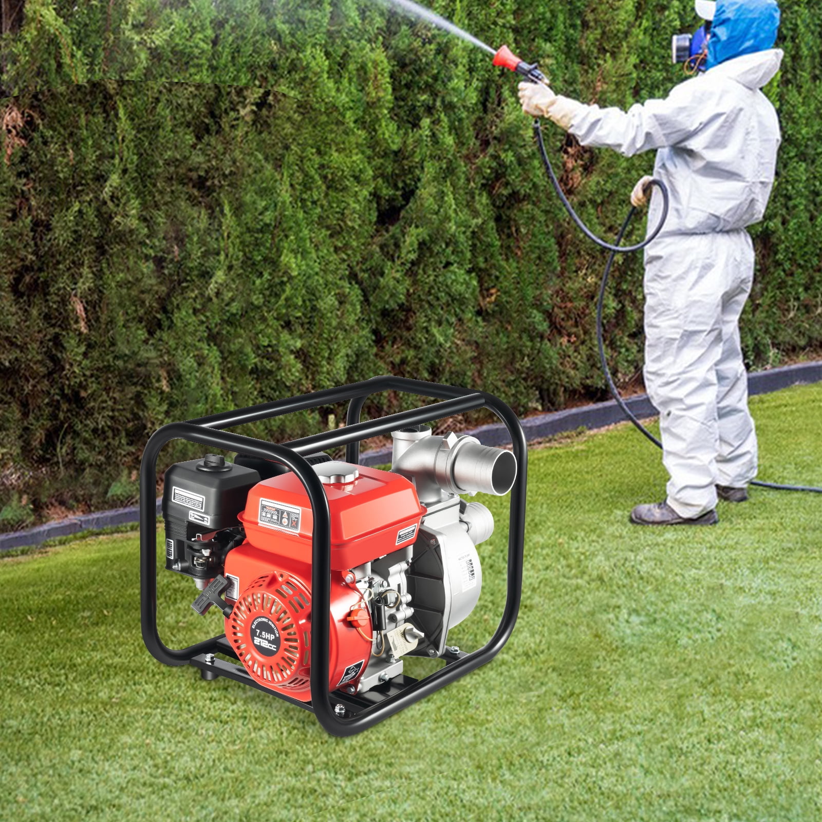 Miumaeov 3 Inch 7.5HP Trash Pump, 4 Stroke 212CC Gas Powered Water Pump, 1236.01Ft³/H Delivery Volume, 26.25Ft Suction Height with 7.5m Water Pipe for Garden Irrigation, Greenhouse Planting
